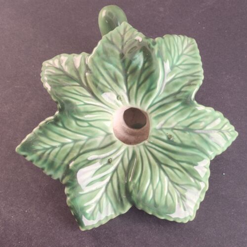 Ceramic Green Bud Flower Vase Single Stem Leaves Veins Candle Topper Vintage 7"