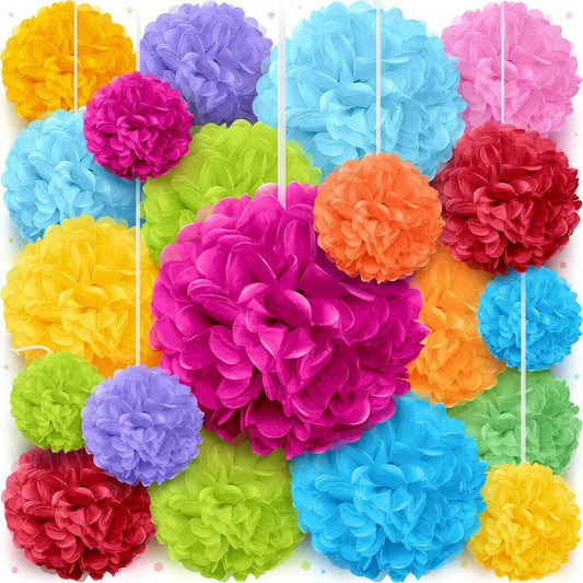 Party Decoration 20 Pcs Multicolor Hanging Paper Pompoms Various Sizes Up to 16"