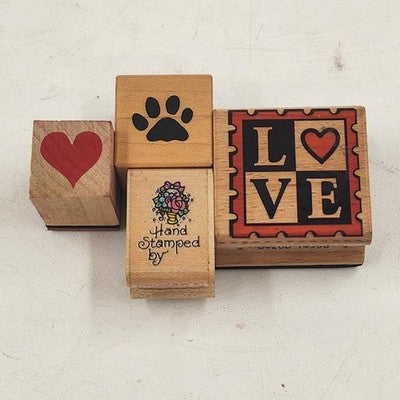 4 Wood Rubber Hand Stamps Love Theme Dog Footprint Flower Heart USA