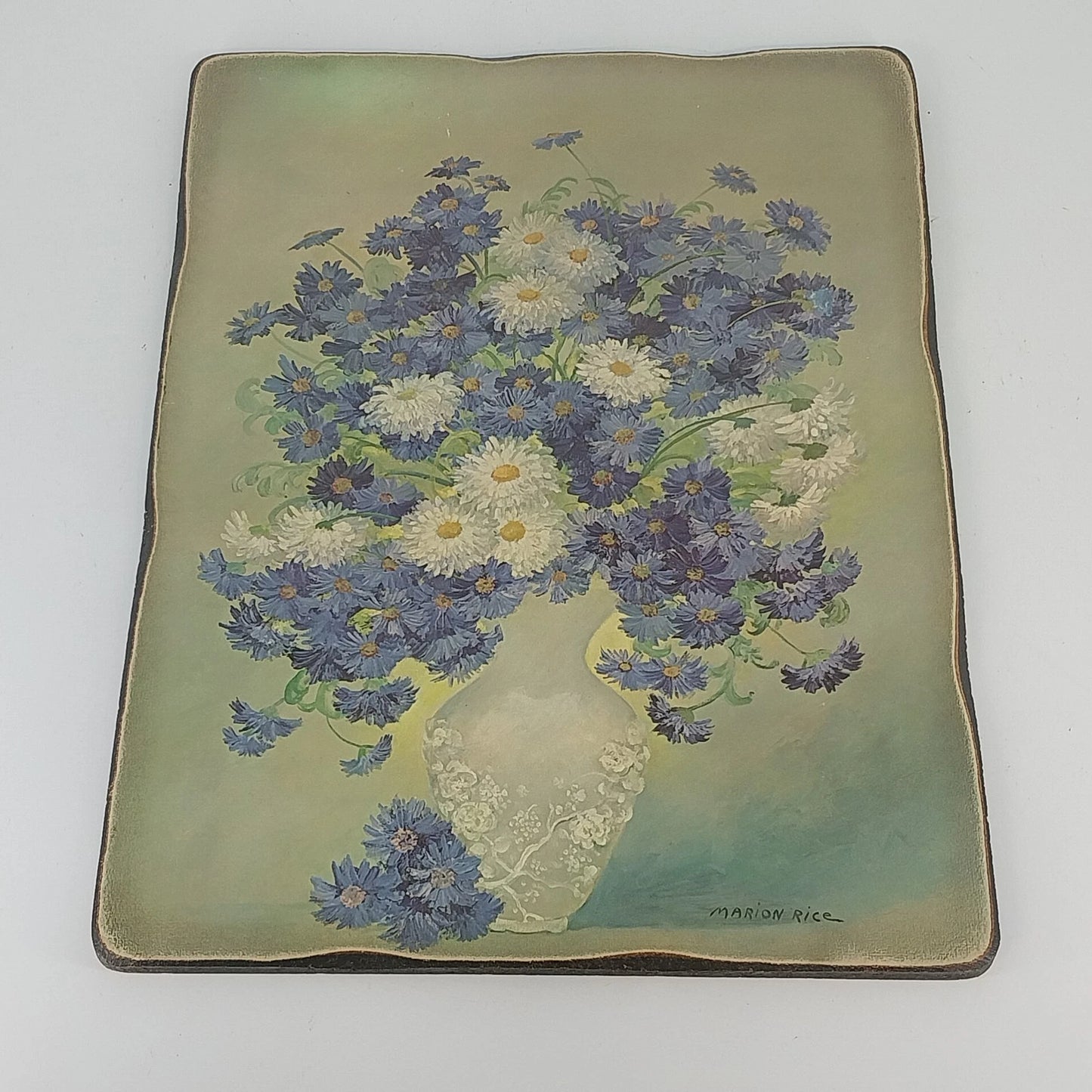 Marion Rice Floral White Vase Wood Mounted Wall Plaque 14" x 11" Vintage Vintage