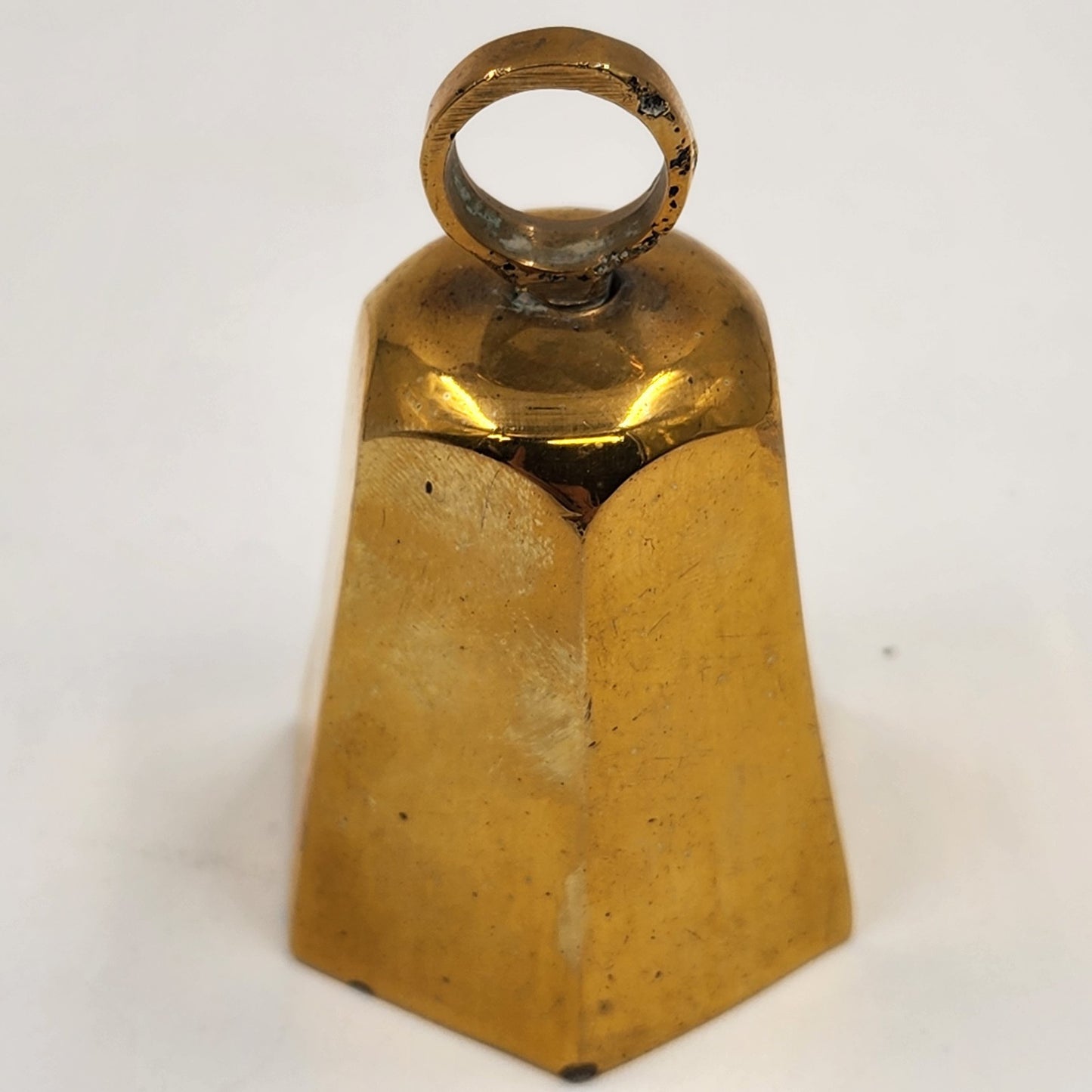Cow Bell Hexagonal Solid Metal Brass w/Ring Handle Horse Sheep Goat 2" India