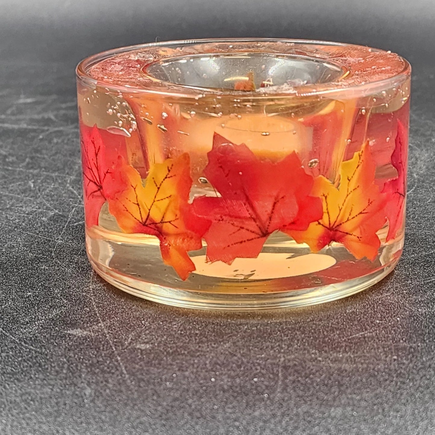 Autumn Leaves Gel-Filled Votive Candle Holder Double Glass 4" x 2.5" Fall Decor