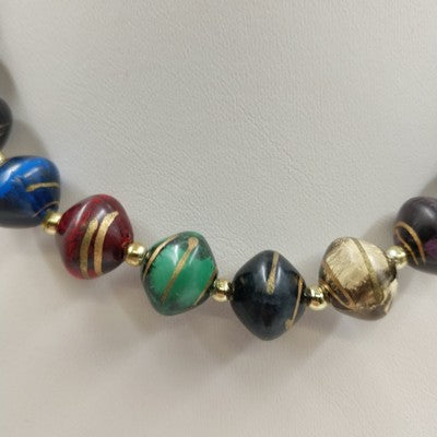 Gold Tone Beaded & Multicolor Fiesta Beaded w Swirl Gold Lightweight Necklace 18"