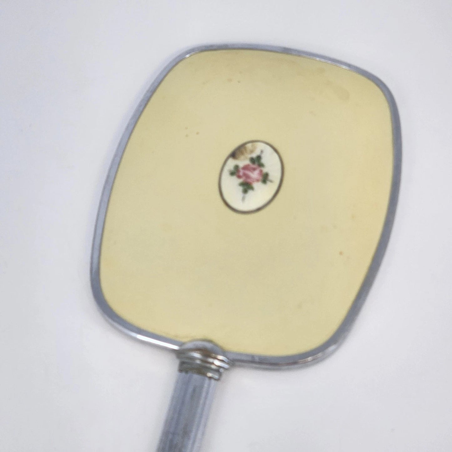 Hand Mirror 12.5" Silver & Yellow Beveled Glass Cameo Rose Flower Vanity Decor