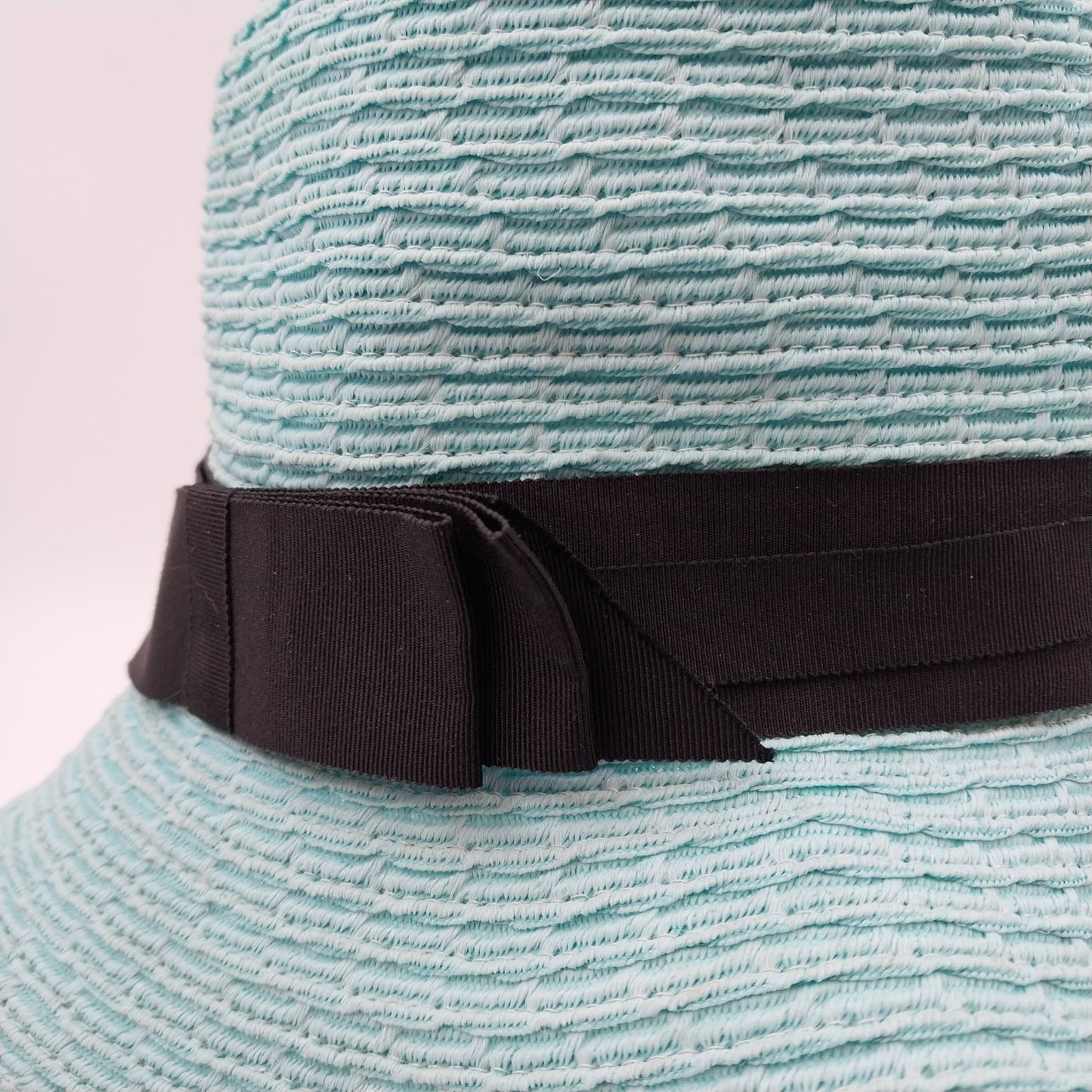 Rike's Light Blue Teal Woven Paper Straw Summer Hat with Black Ribbon Bow Accent