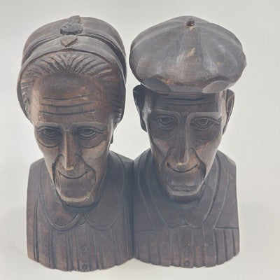 Hand Carved Wood Bookends Man & Woman Bust Folk Art Black Forest Vintage