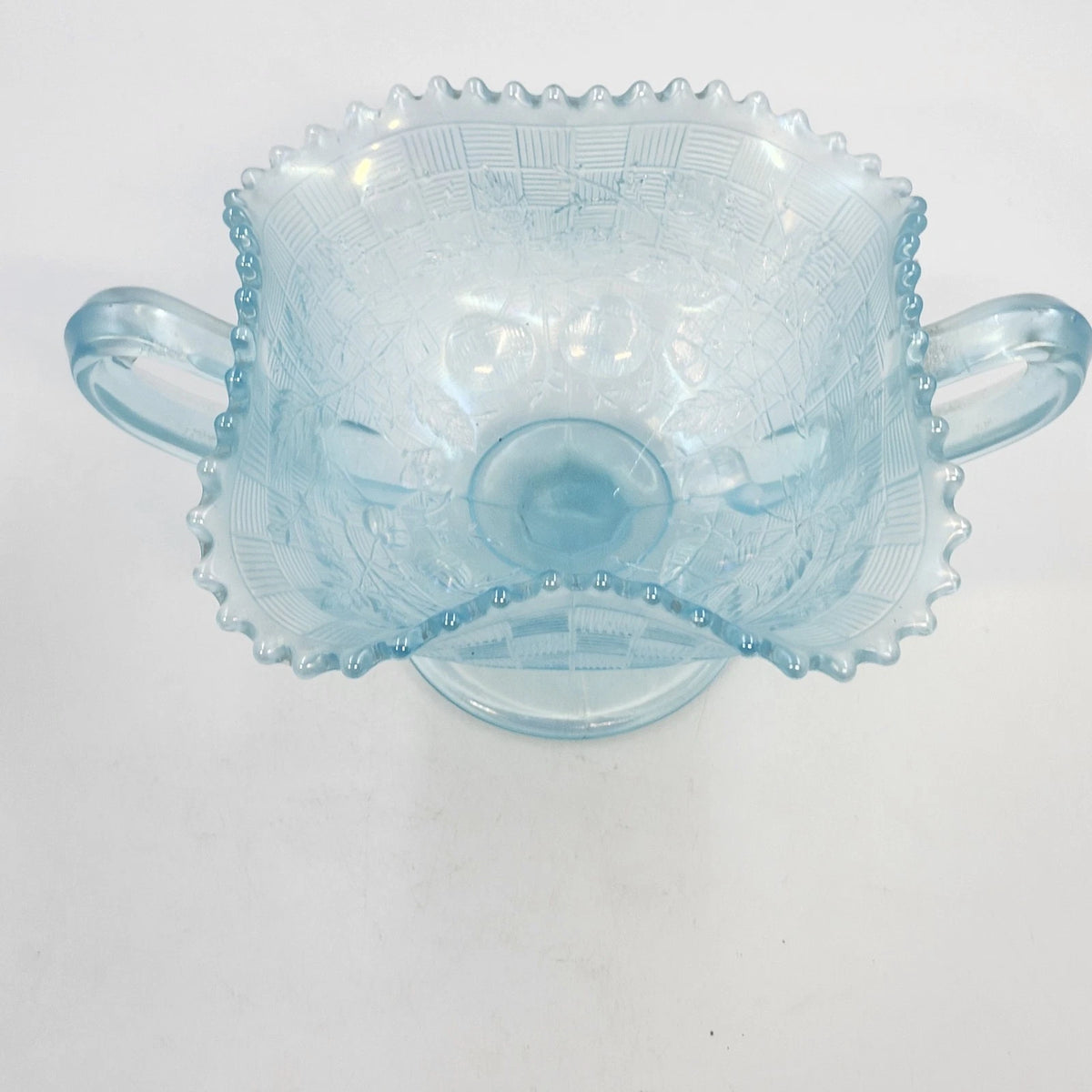 Jeannette Louisa Ice Blue Glass Pedestal Compote Double Handle Ruffled Rim 5.25"