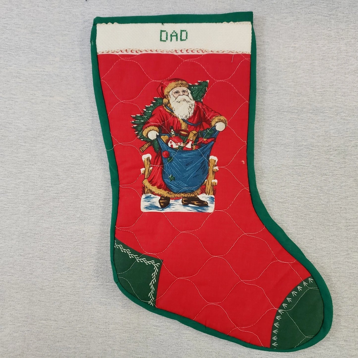 Christmas Stockings Santa Designs Quilted Mom & Dad Monogrammed Red & Green Vtg