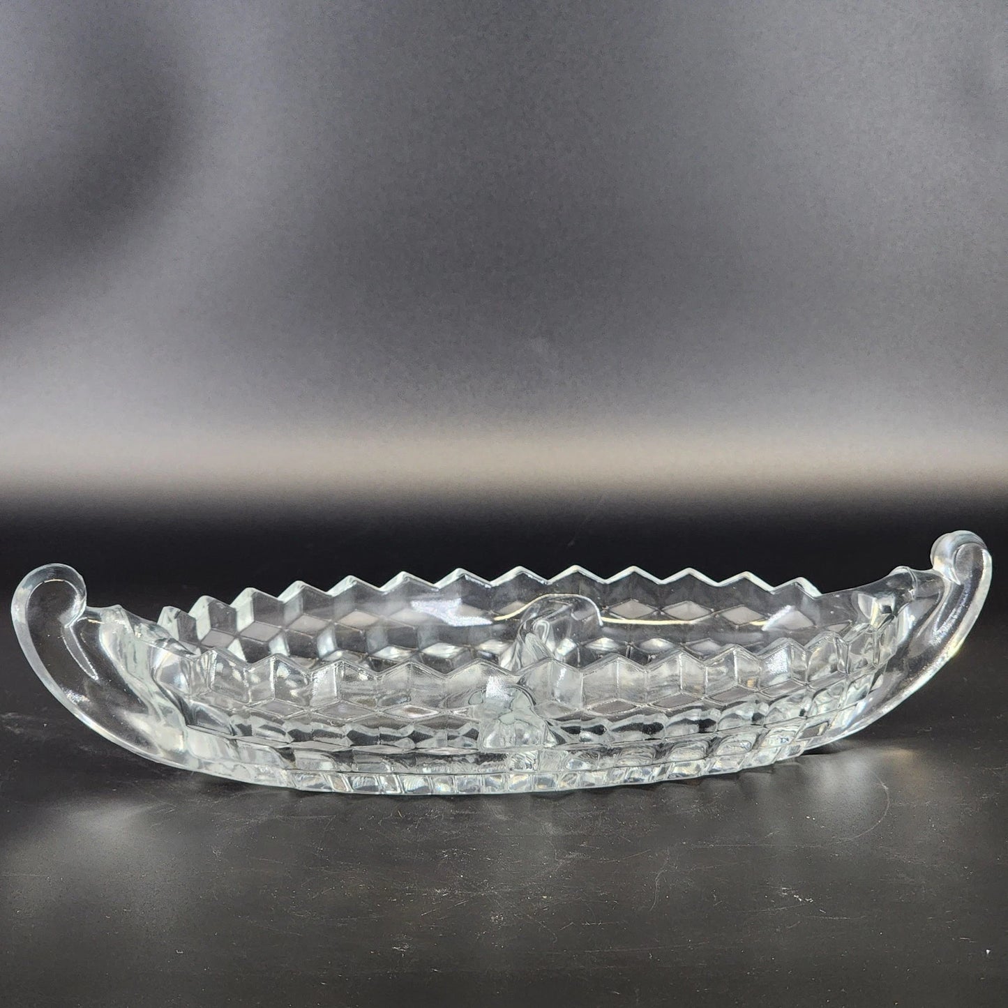 Fostoria American Relish Boat Divided Clear Glass Cubist Dish 11 Inch