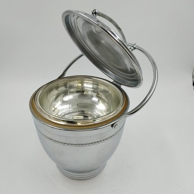 Silver Chromium Solid Brass Ice Bucket Cooler Hinged Lid Arm & Glass 13" 1950's
