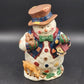 Ceramic Snowman Cookie Jar 13" w/ Birdhouse, Deer, Squirrel, Hat & Bowtie