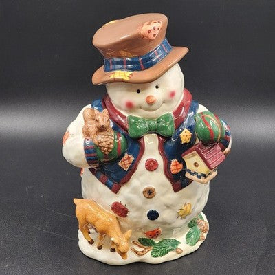 Ceramic Snowman Cookie Jar 13" w/ Birdhouse, Deer, Squirrel, Hat & Bowtie