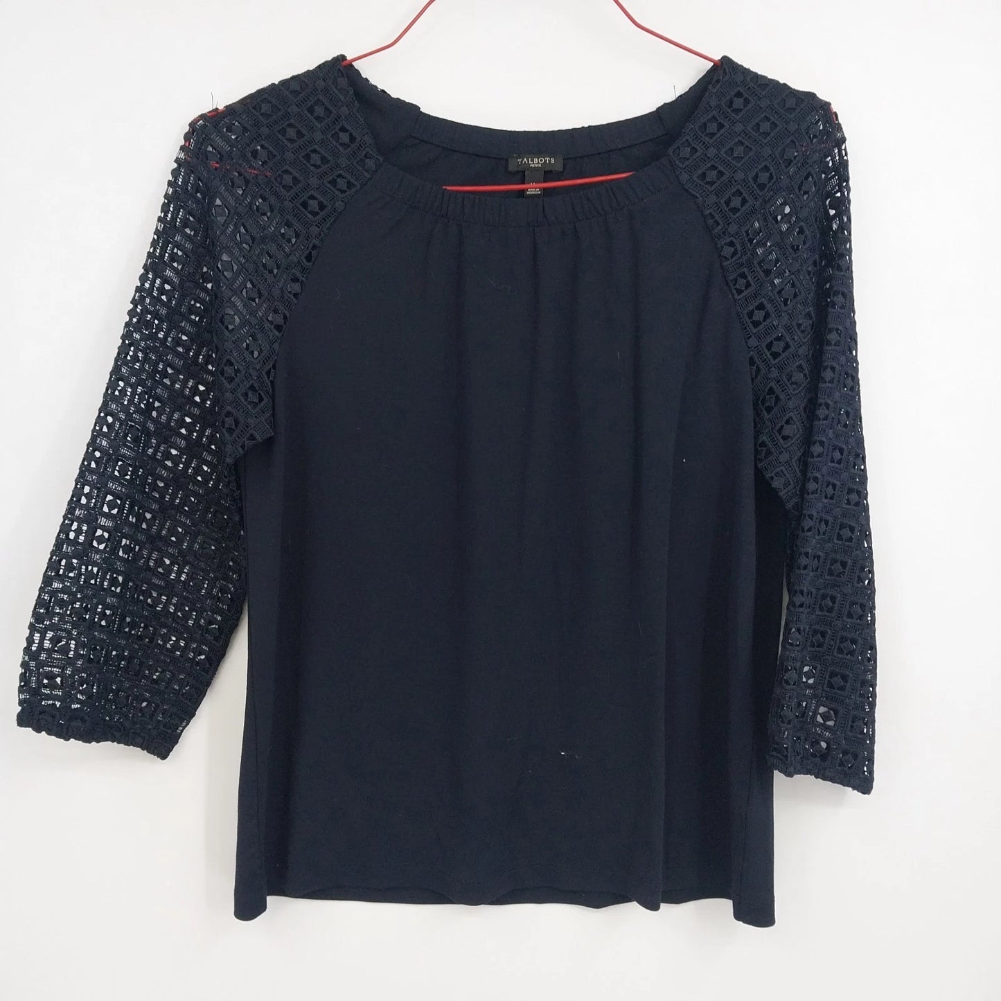Talbots Petite Navy Blue Lace Sleeve Blouse Women MP 3/4 Sleeve Crochet Knit Top