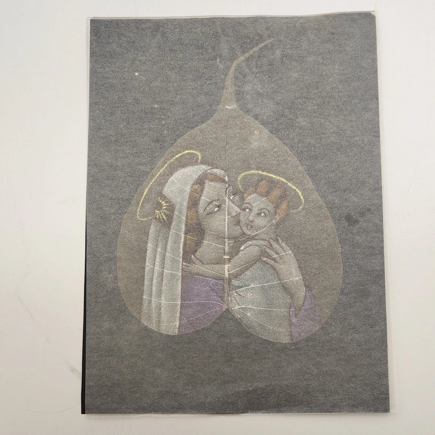 South Indian Peepal Skeleton Leaf Art Madonna & Child Hand Painted 6.5" Unframed