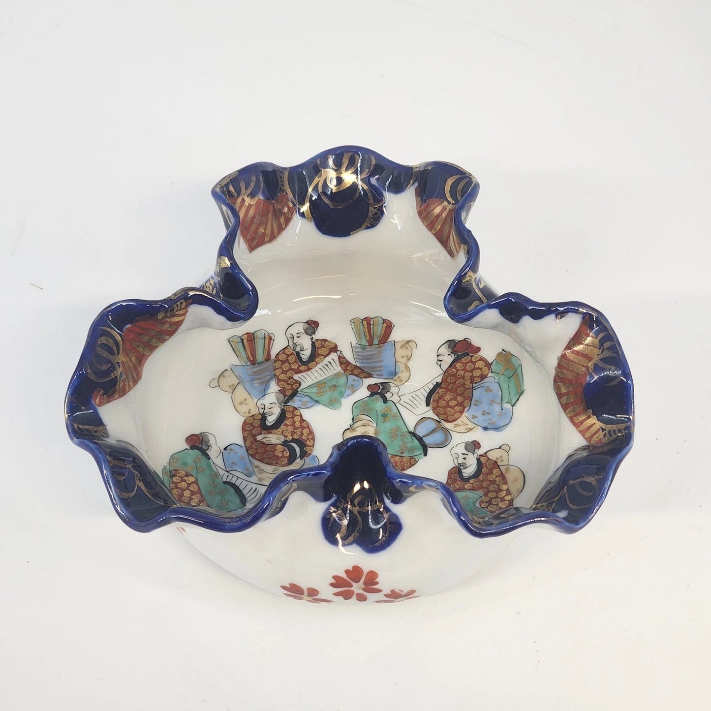 Japanese Imari Porcelain Ruffled Bowl 6" Cobalt Blue & Gold Gilt Floral Vintage