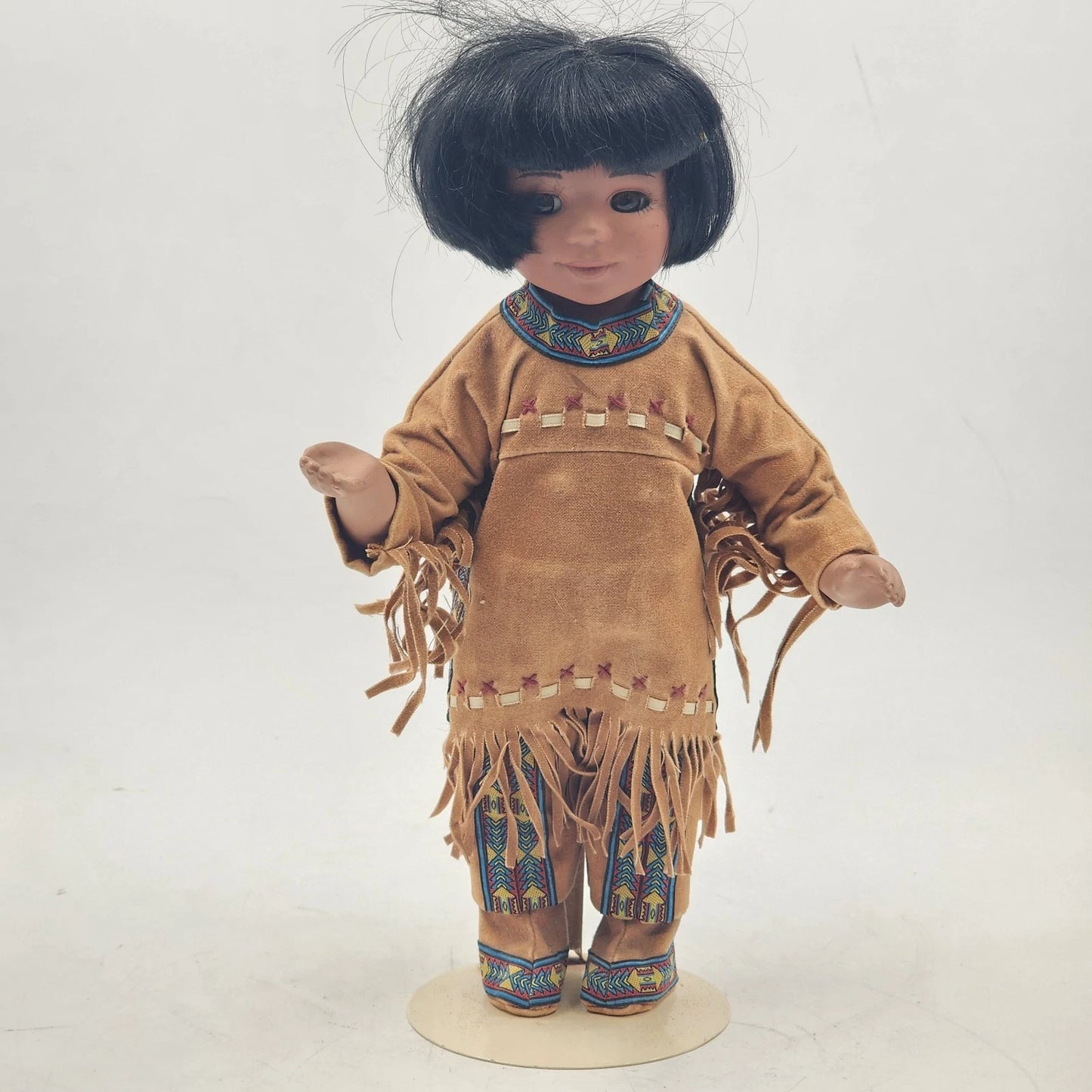 Native American Boy Porcelain Doll Standing with Stand Indigenous Collectible