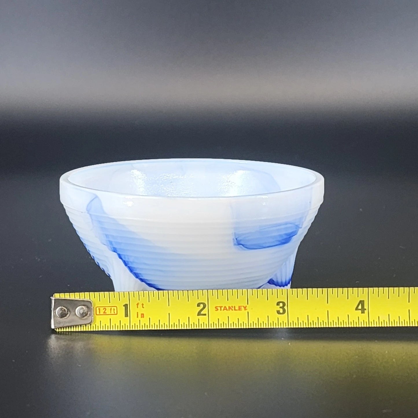 Akro Agate Blue & White Swirl Slag Glass Three Footed Bowl Marbled Cup 3.5" Vtg