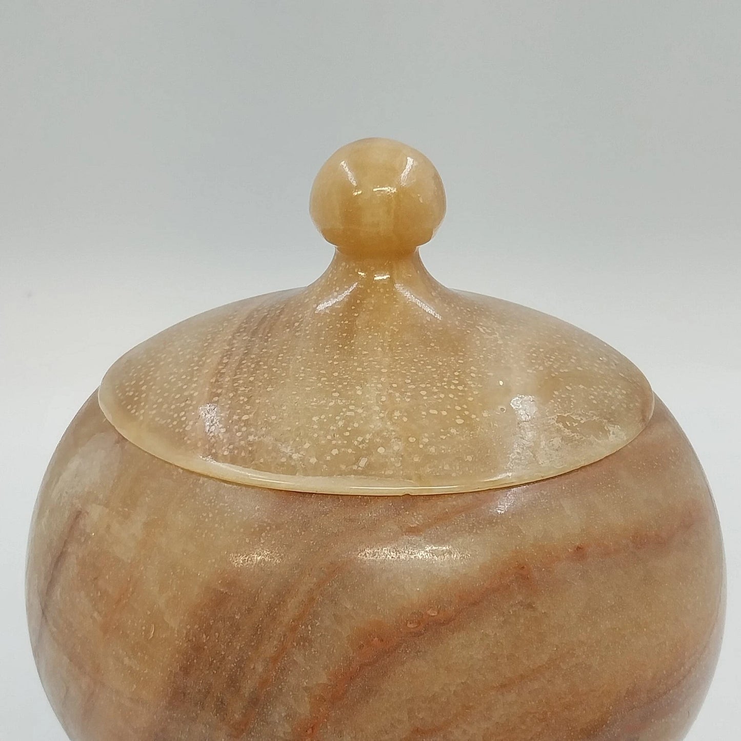 Banded Alabaster Pedestal Candy Dish Lidded Jar Cream Brown Natural Stone 9"