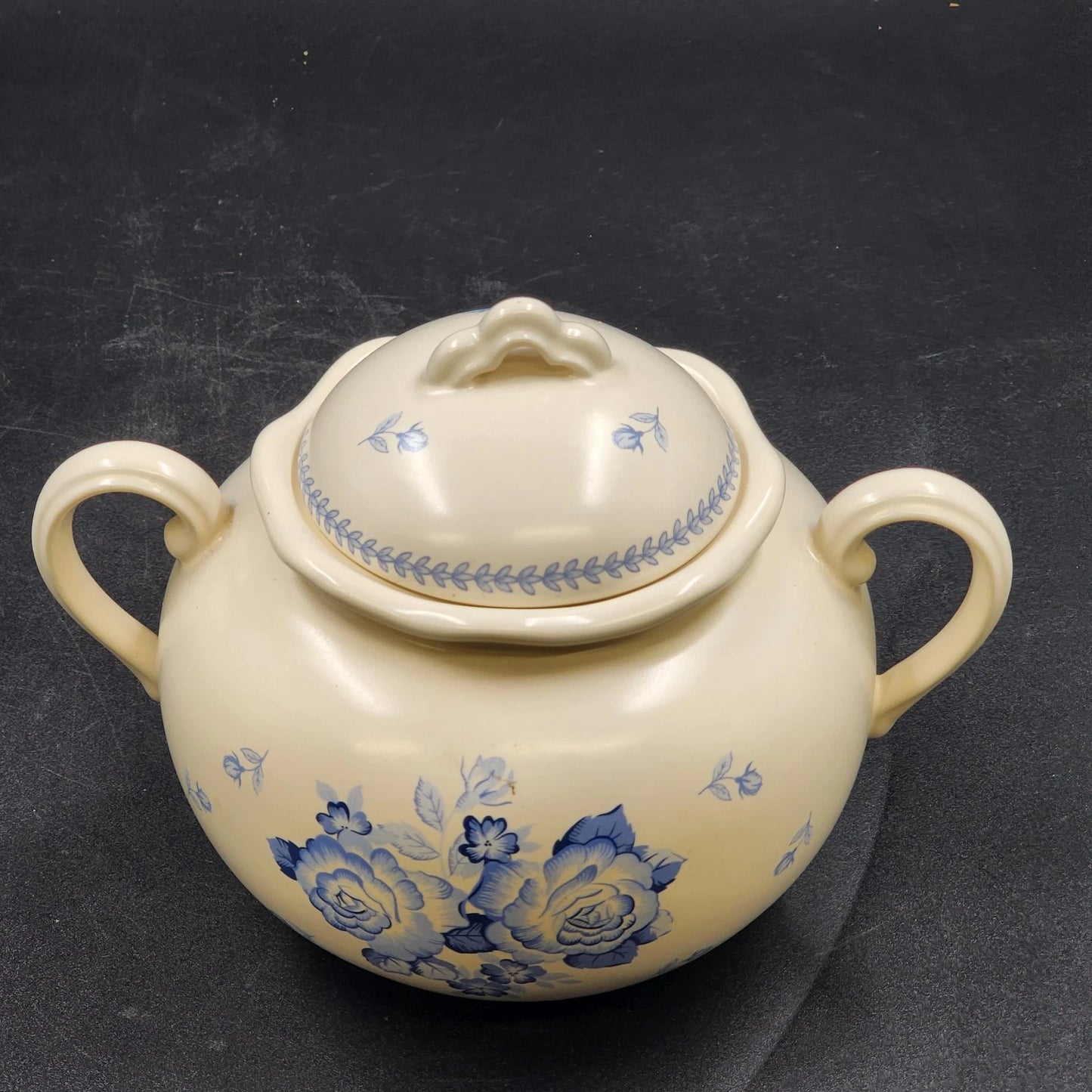 Somerset Garden Lidded Urn Bowl Crowning Touch Twin Handles 6" Blue Floral