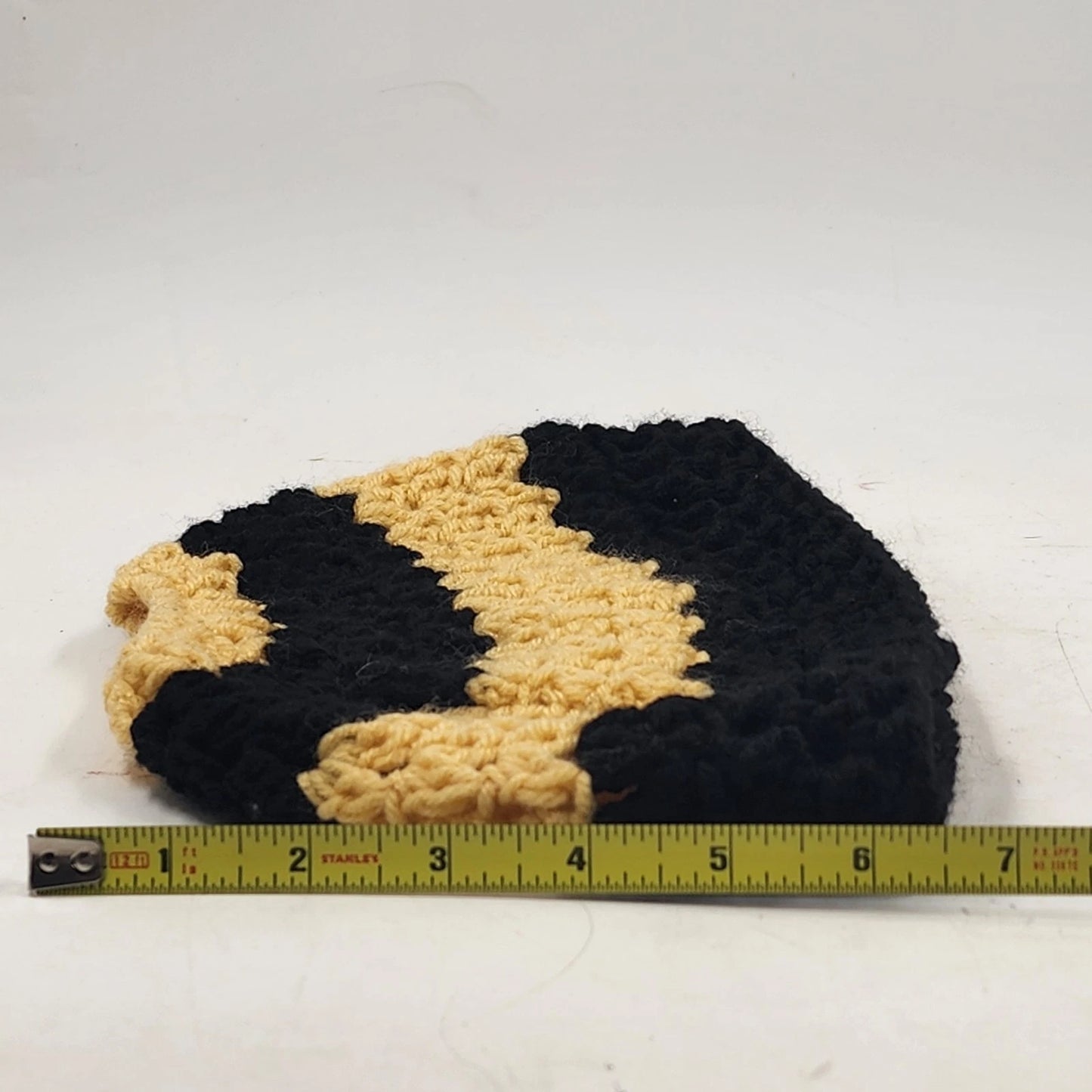 Handmade Crochet Messy Bun Beanie Hat Black Yellow Striped Ponytail Cap Medium