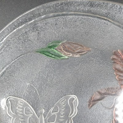 LE Smith 12.5" Clear Frosted Glass Plate Painted Iris & Butterfly Design Vtg