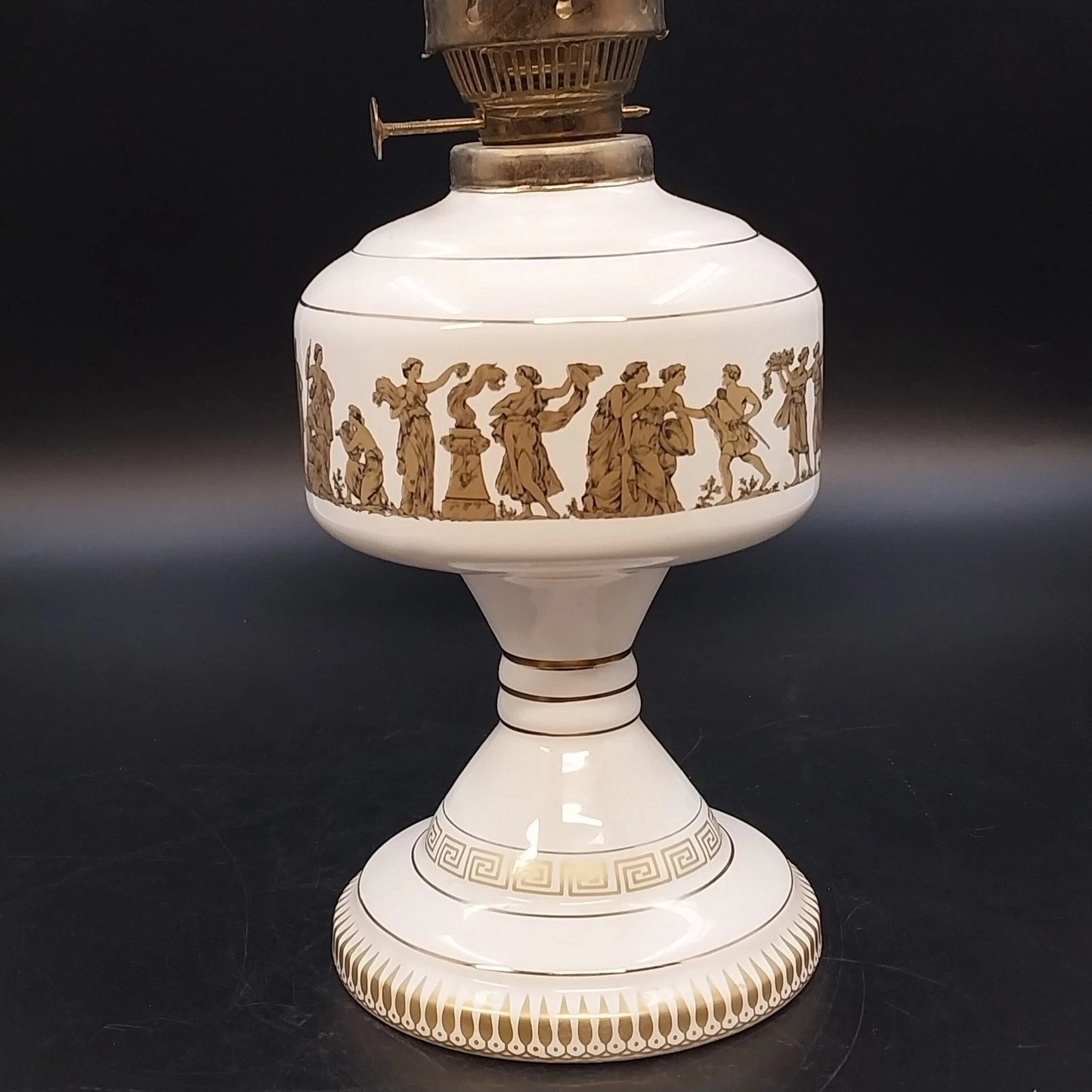 KE Strigos Greek Ceramic Oil Lamp 24K Gold Classical Figures Glass Chimney 18"