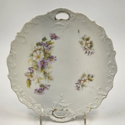 White Porcelain Platter Purple Floral Scalloped Edge Handles 9.5"