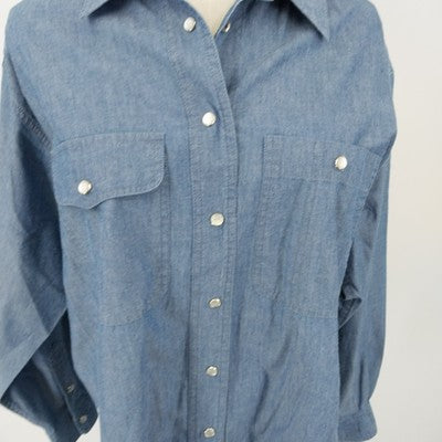 Lizsport Denim Shirt L Pearl Snap Long Sleeve 100% Cotton Blue