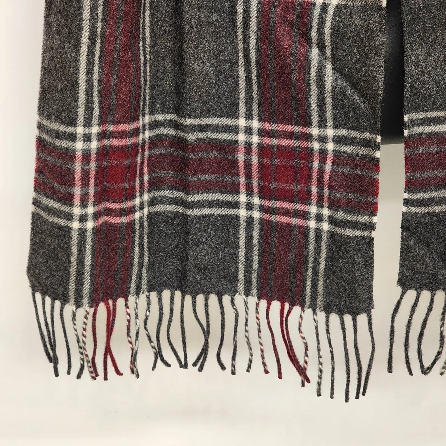 Jos A Bank 100% Cashmere Scarf Burgundy Gray Plaid Check Fringed Oblong 60"x12"