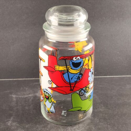 Sesame Street Cannister Characters Flying Airplanes Glass Container Lid Vintage