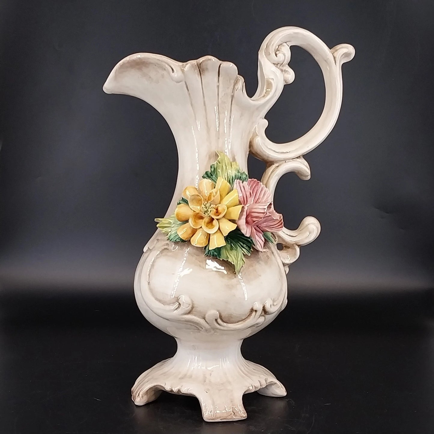 Vintage Capodimonte Italy Floral Porcelain Pitcher Vase Urn 13 Inch