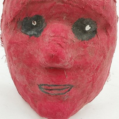 Papier Mache Scary Creepy Face Red Mask w Two Horn Wall Art Hand Painted
