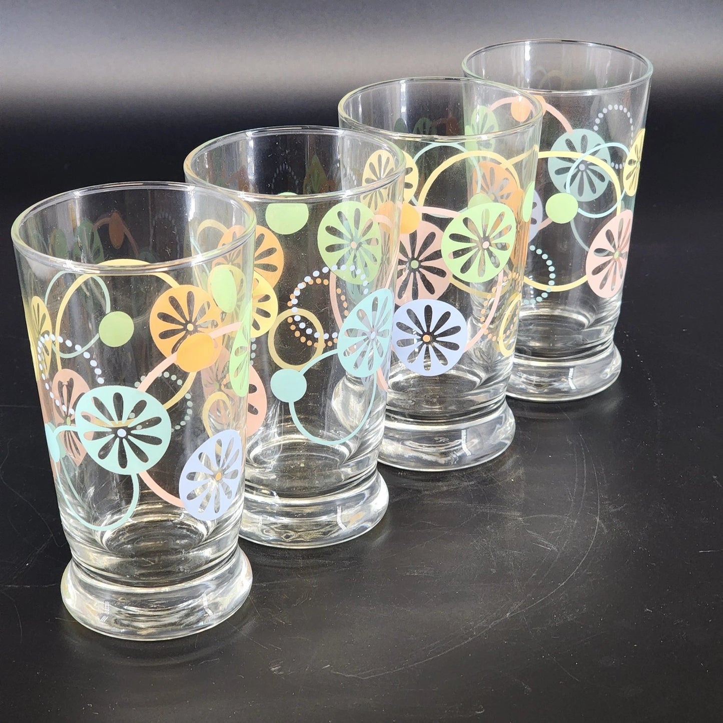 Libbey Atomic Starburst Juice Glasses 4 MCM Flower Power 5” 1970s Vtg Drinkware