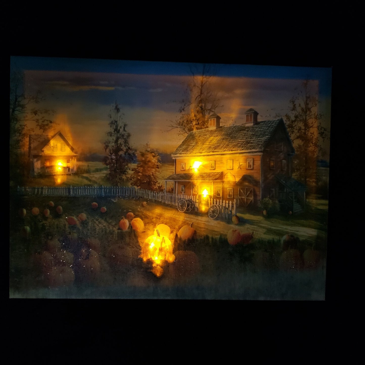 Canvas Print Autumn Country Landscape Farm Barn House Lights w/ Water Damage