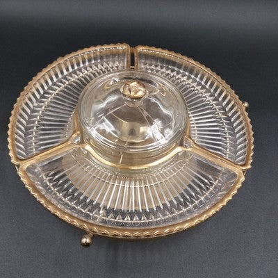 Faber Bros Lazy Susan Appetizer Tray Gold & Clear Glass 4-Part w Lid 10.5" Vtg