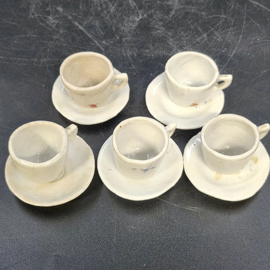 Miniature Tea Set Hand Made White Studio Porcelain Cups Saucers 2" 10pc Vintage