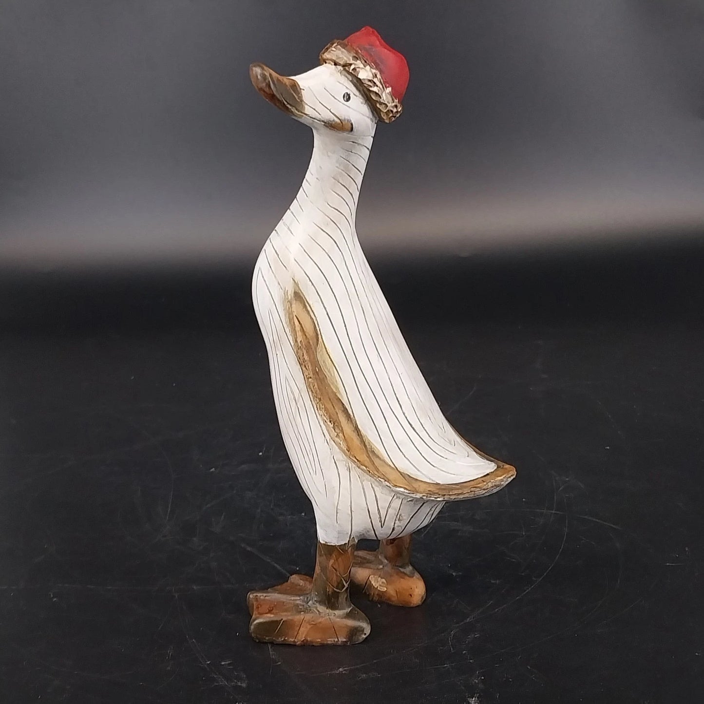 Tii Collections Santa Hat Duck Figurine Carved Wood White 7" Christmas Decor