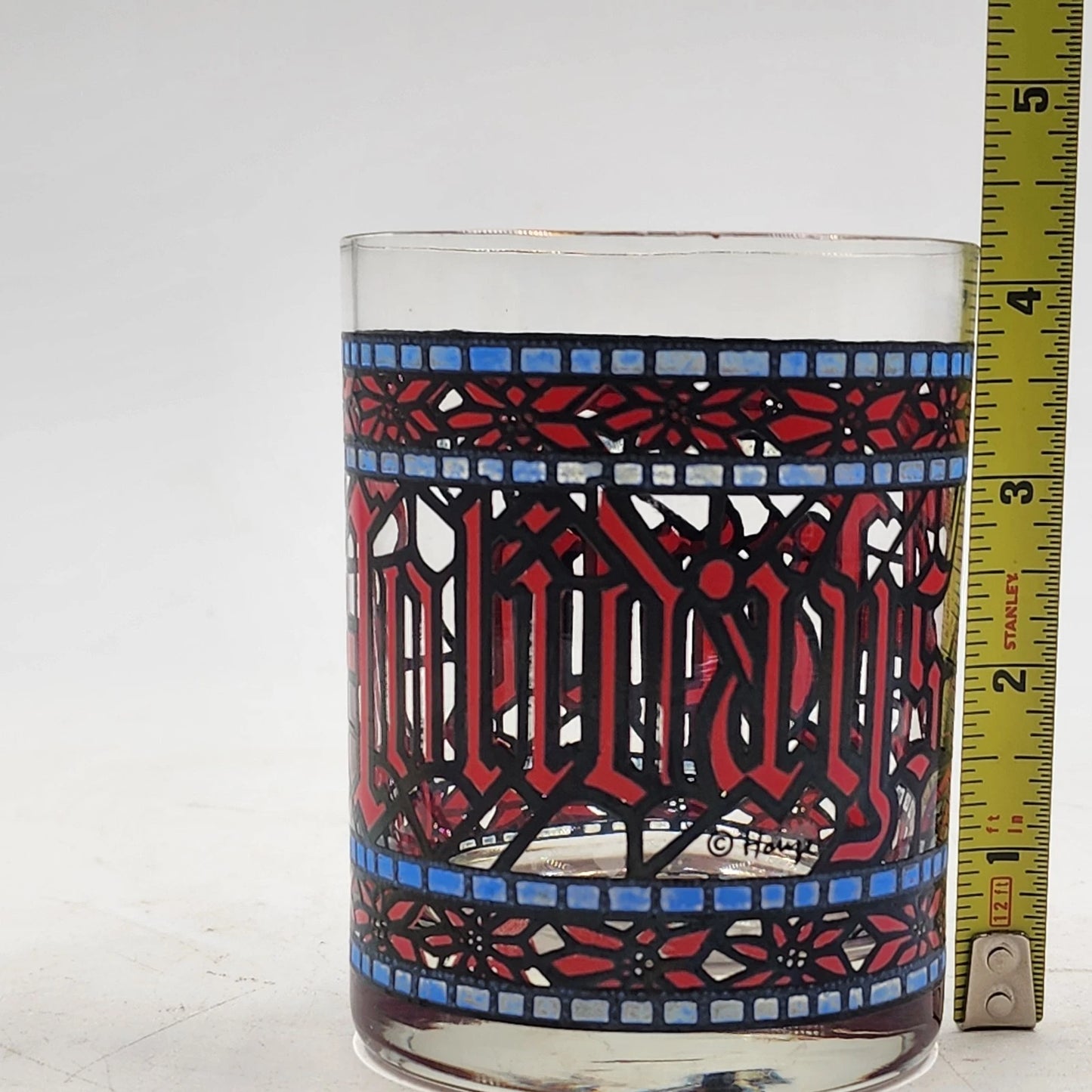 4 Houze Happy Holidays Old Fashioned Stained Glass 3.25"d x 4"h MCM Barware