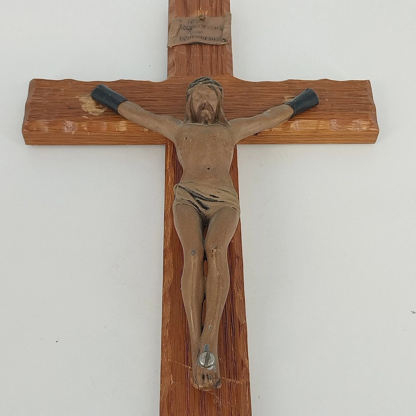 Jeweled Cross Co Shroud of Turin Wood Metal Crucifix 15" INRI Vintage