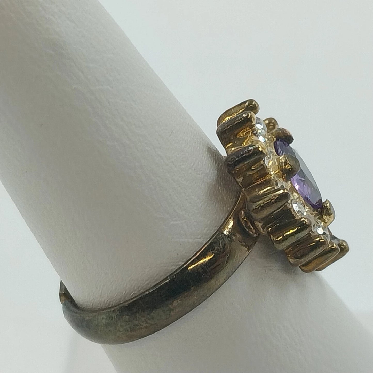 Gold Tone Purple Teardrop Halo Ring w Clear Rhinestone Adjustable Size 7 Jewelry