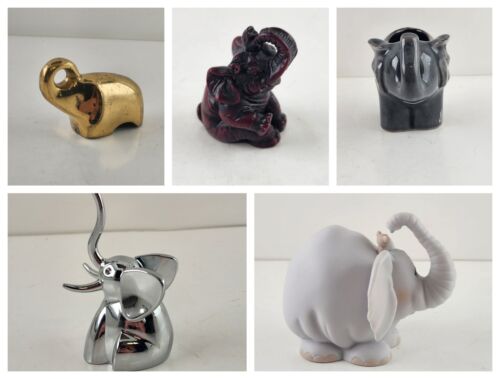 5 Small Elephant Various Figurines Red Stone Pewter Brass Precious Moments Vase