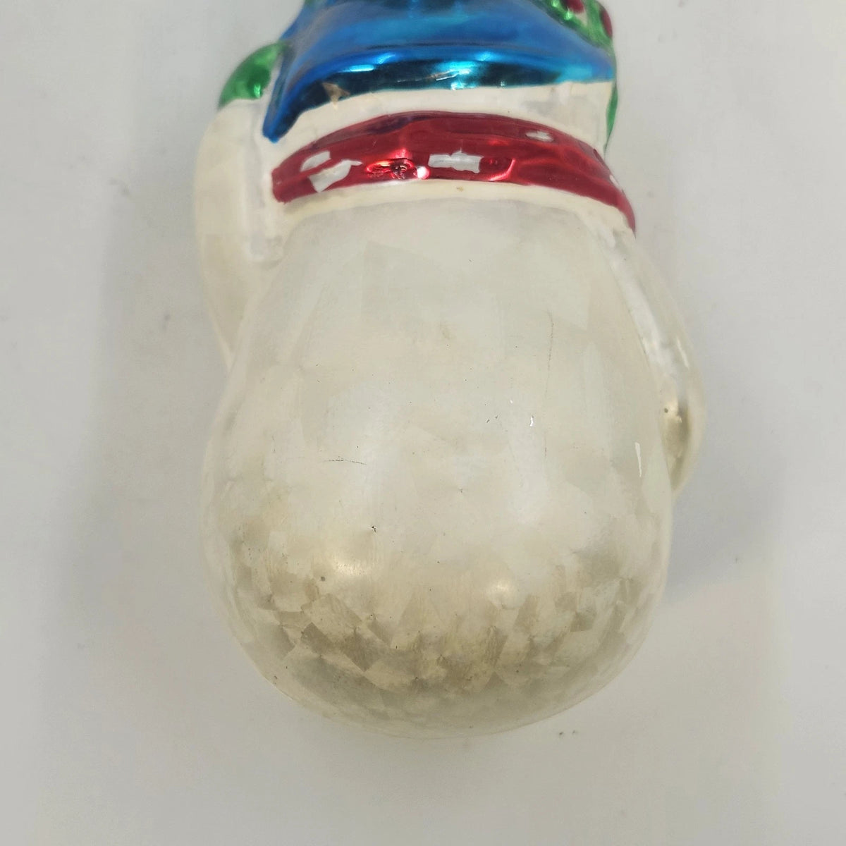 Snowman Blue Hat Red Scarf Hand Painted Blown Glass Christmas Ornament 5" Vtg