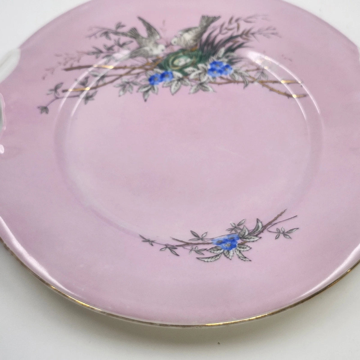 Pink Porcelain Cake Plate Birds Nest Blue Flowers Gold Handles 10.5" Antique