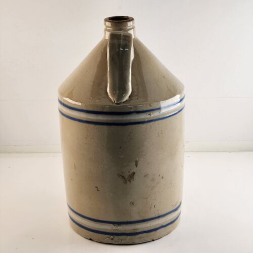 Beige White and Blue Whiskey Crock Jug Unbranded 11½" Tall Vintage