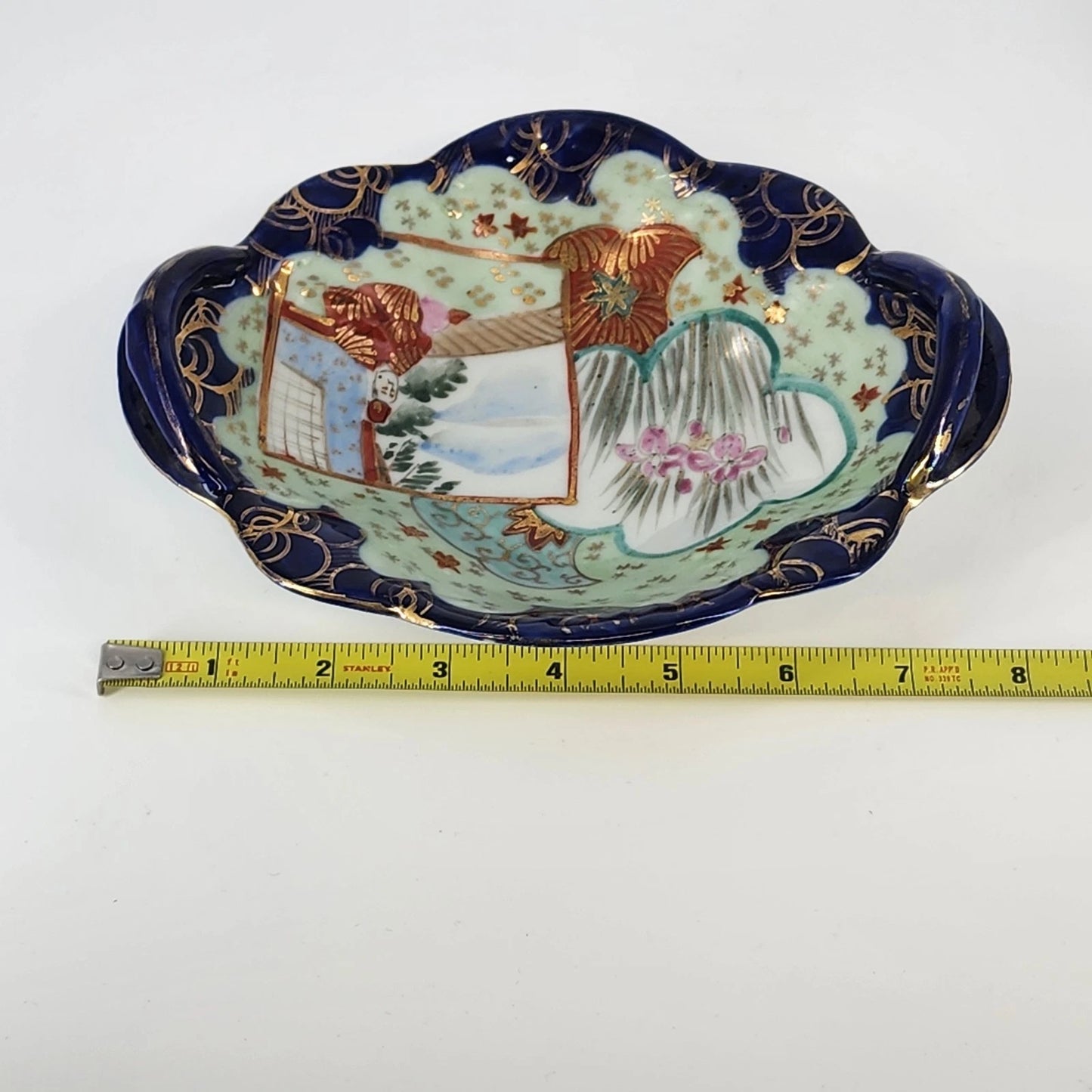 2 Japanese Porcelain Oval Dishes Hand Painted Raised Cobalt Blue Handles 8"x6.5"