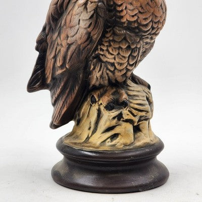 Bisque Owl Figurine on Tree Stand 12" Ceramic Hand Painted Byron Mold 1977 Vtg
