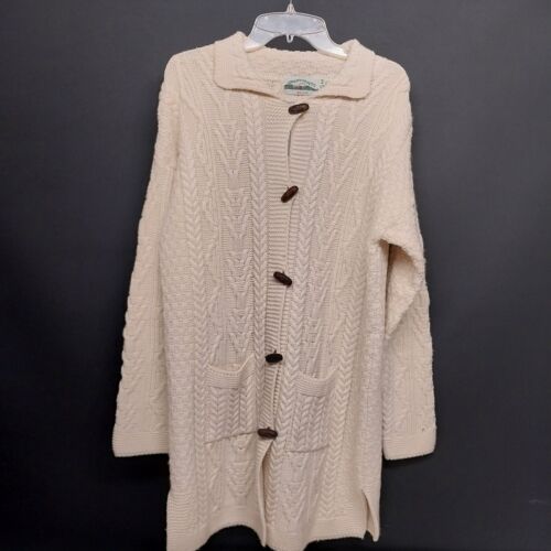 Aran Crafts Ireland Cable Knit Sweater M Ladies Cream Long Cardigan Button Wool