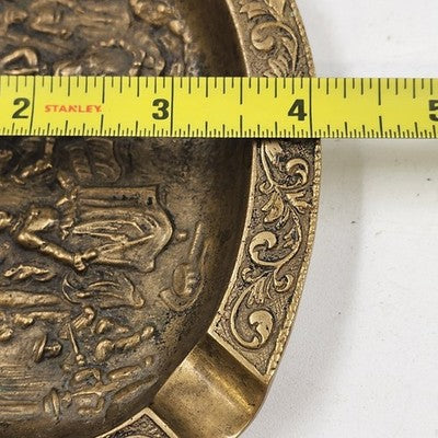 Bronze Brass Ashtray 5.5" Relief Solid Etched Casting Figures Ornate Oval Shape