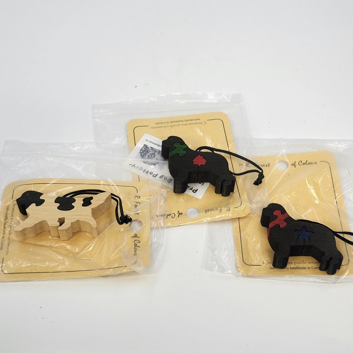 Prairie Dog Pottery Dog Puzzle Christmas Ornaments Wood 3 Pc Handmade Canada