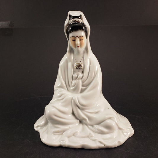 Porcelain Asian Girl Figurine Statue Sitting Glazed White Hand Painted Face 6" H